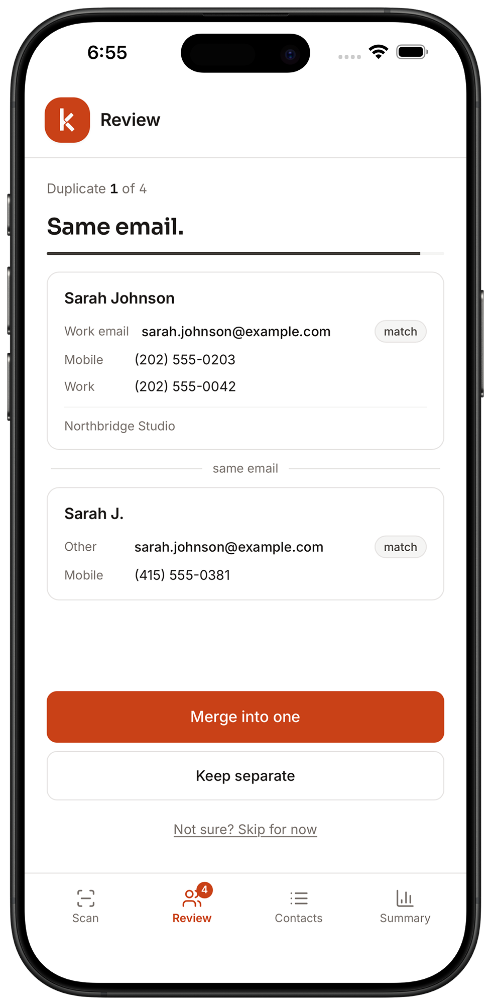 Knit review screen showing a duplicate contact pair on iPhone
