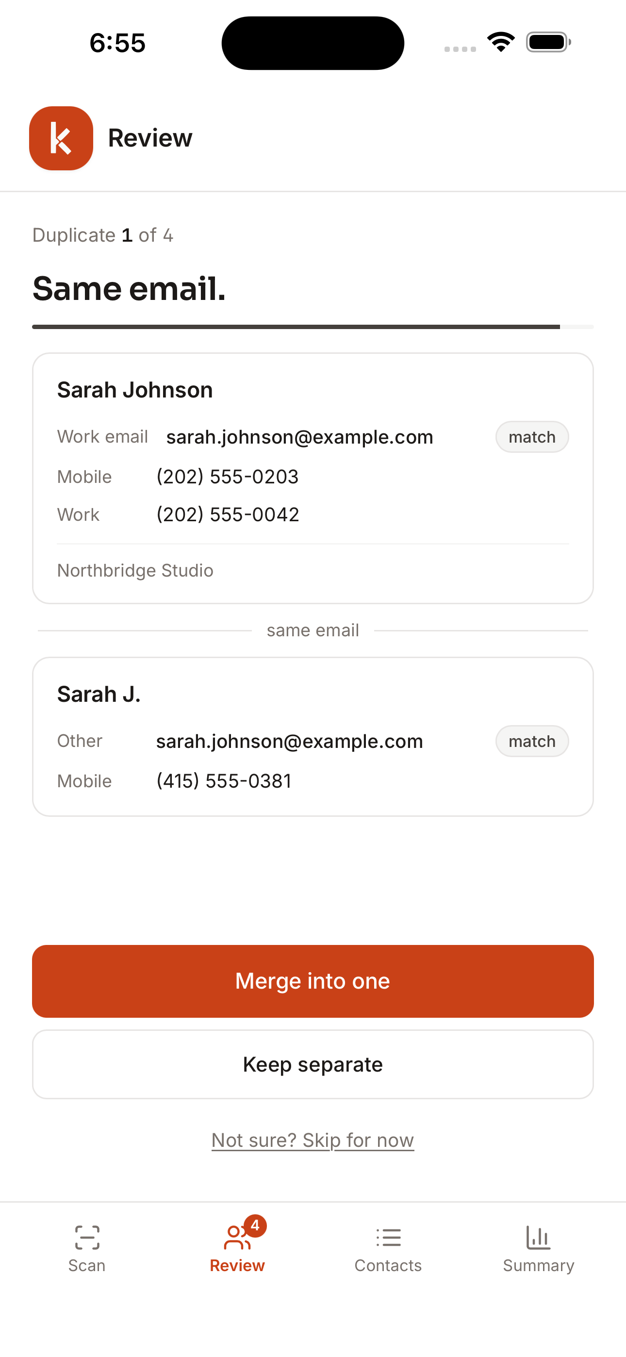 Knit review screen showing a duplicate pair with match reason