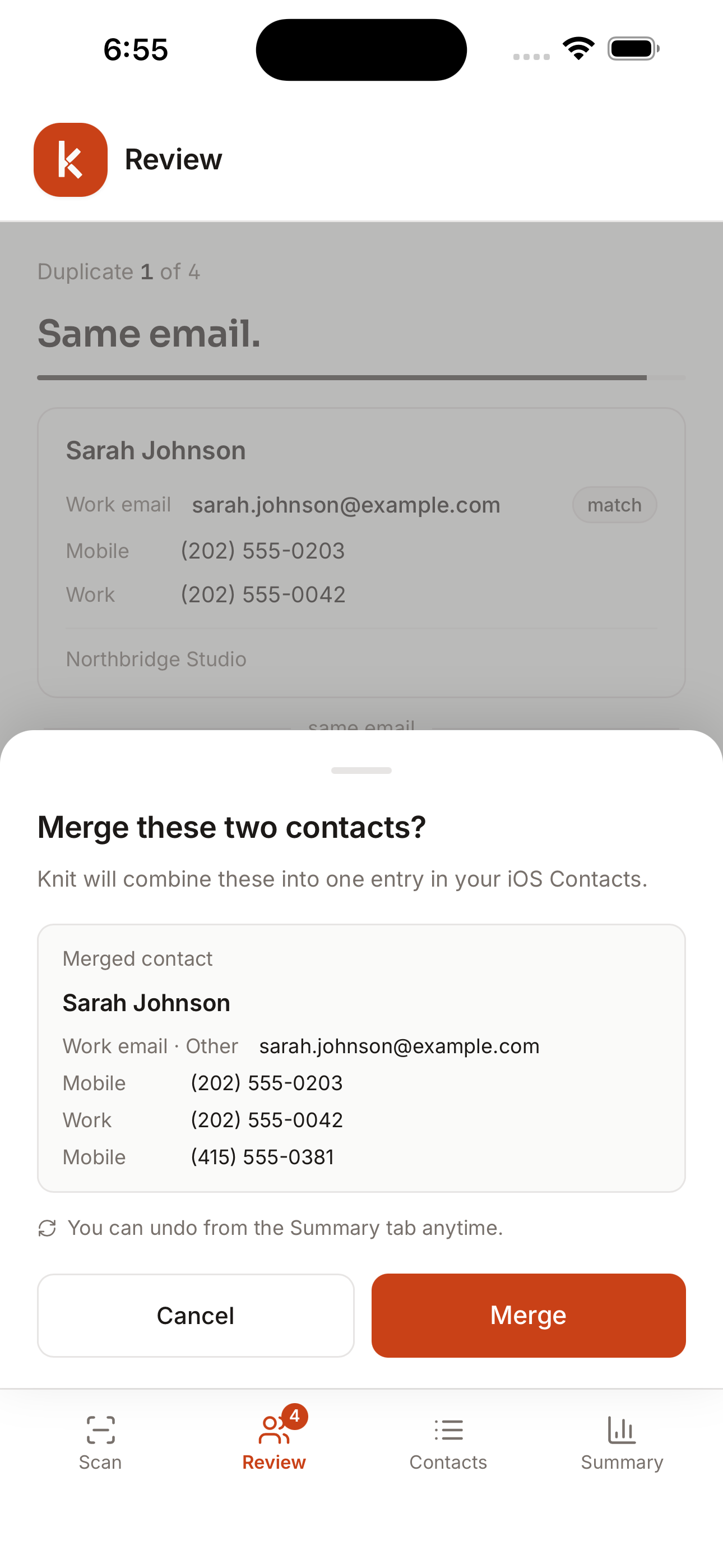 Knit merge confirmation showing the combined contact before saving